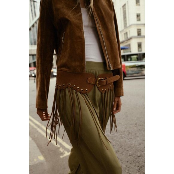 ZARA LEATHER FRINGED CUMMERBUND BELT - Picture 1 of 4